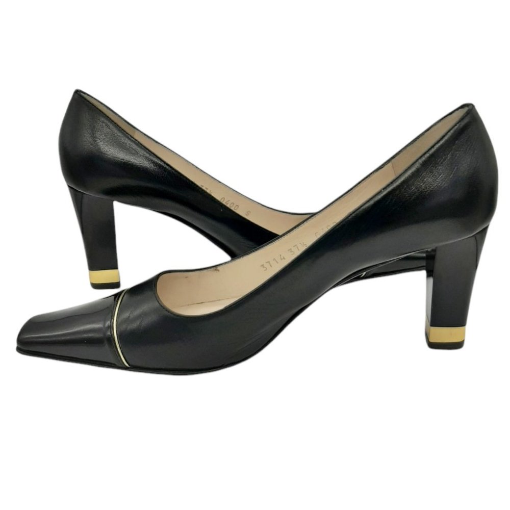 ST. JOHN Black & Gold Square Cap Toe Pumps SZ 7.5